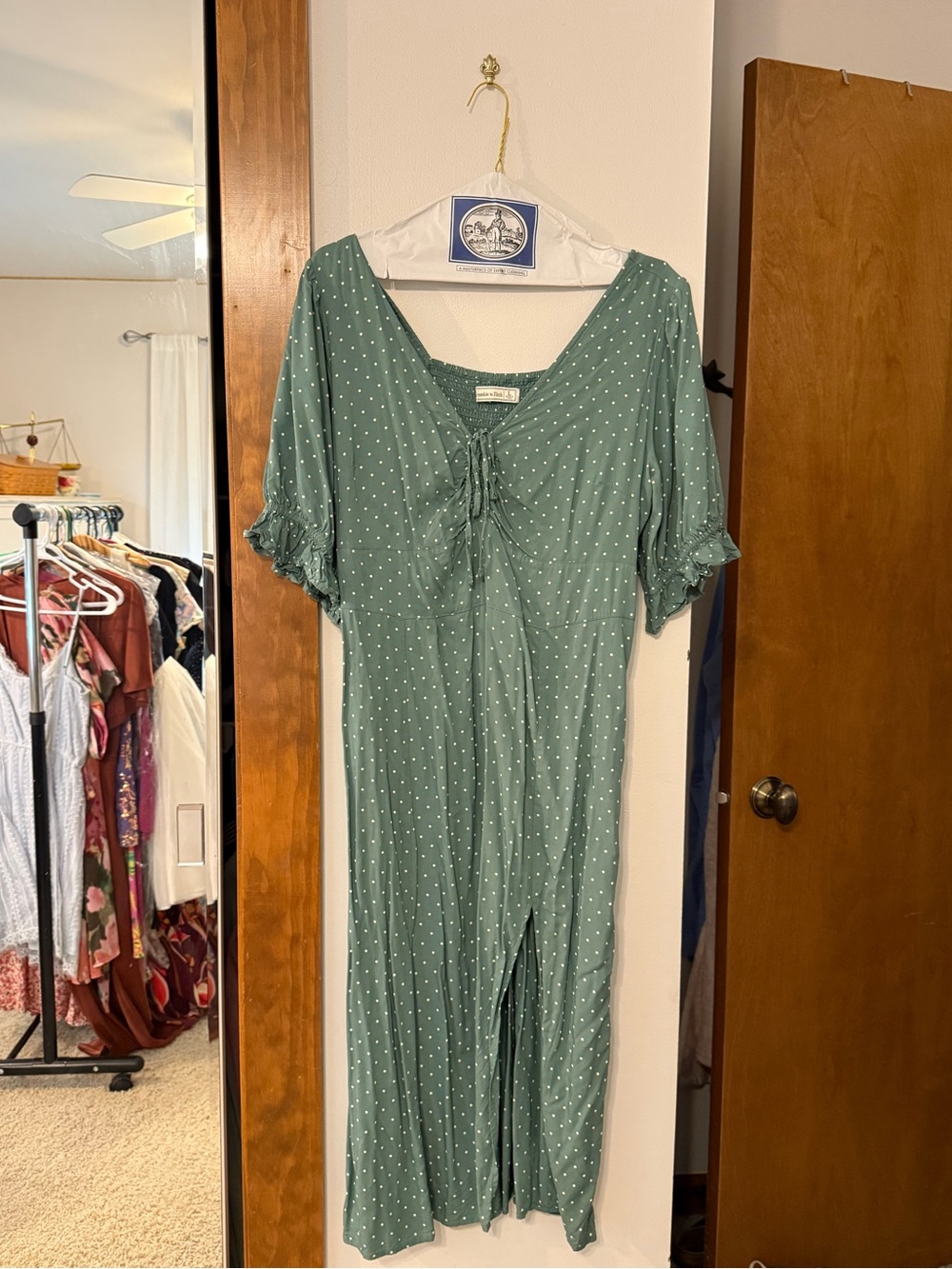 Abercrombie & Fitch Green Polka Dot Midi Dress with Tie Front